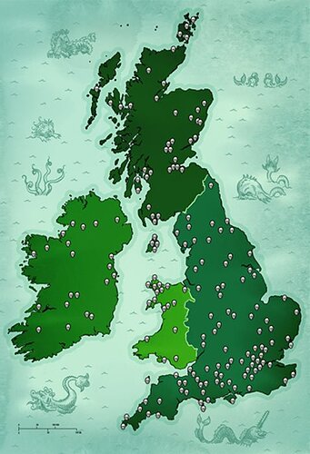 Map of the British Isle showing areas where giants were unearthed. Illustration by Dan Lish. (Author provided)