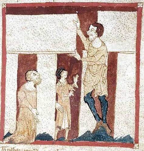 Illustration from Le Roman de Brut by poet Wace c.1155 AD showing a giant, Merlin and King Ambrosius. (Author provided)