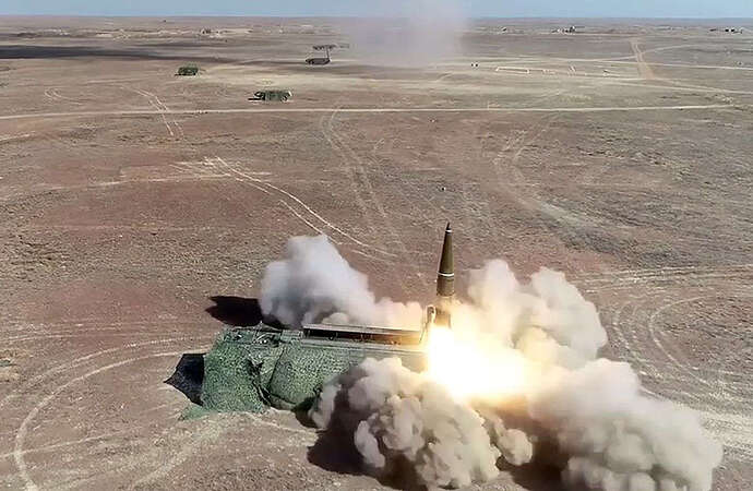 A Russian Iskander-M short range nuclear-capable ballistic missile at launch, 2019. U.S. planners could use the B61-12 against Iskander M launch vehicles—or the headquarter units that would order them to fire.