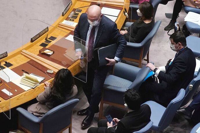 Russia’s UN Ambassador Vasily Nebenzya leaves the UN Security Council before the addresses by Ukraine’s Ambassador Sergiy Kyslytsya, Monday, Jan. 31, 2022. The United States and Russia are squaring off at the U.N. Security Council over Ukraine, with Washington calling Moscow’s actions a threat to international peace and security, while a Kremlin envoy ridiculed Monday’s meeting as a “PR stunt.” (AP Photo/Richard Drew)|708.75x472.5