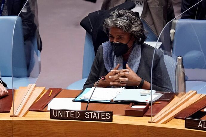 Linda Thomas-Greenfield, U.S. Ambassador to the United Nations, addresses the United Nations Security Council, before a vote, Monday, Jan. 31, 2022. (AP Photo/Richard Drew)|708.75x472.5