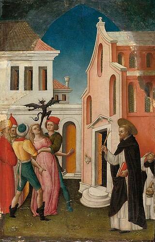 ‘Saint Peter Martyr Exorcizing a Woman Possessed by a Devil’, 1445/55 by Antonio Vivarini. (Art Institute Chicago)