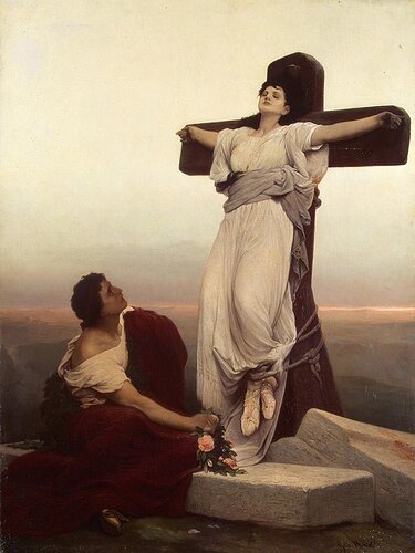 Gabriel von Max's 1866 painting Martyress depicts a crucified young woman and a young man laying flowers at her feet. (Gabriel von Max / Public domain)