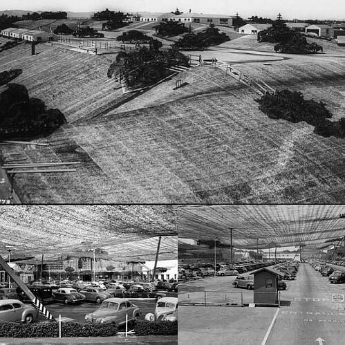 Camouflage over the Lockheed Aircraft plant in Burbank, California, during World Wạr II, disguising it as sparsely populated rural area. (1940s)