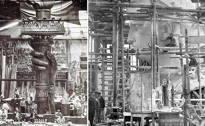 The Statue of Liberty’s arm and head under construction, in Bartholdi’s workshop, Paris, 1878.