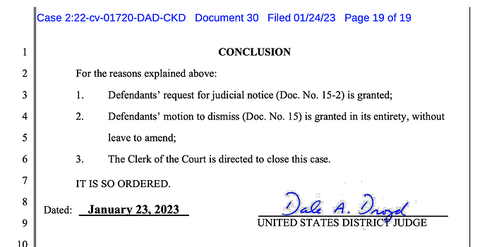 Order Granting Defendant's Motion to Dismiss