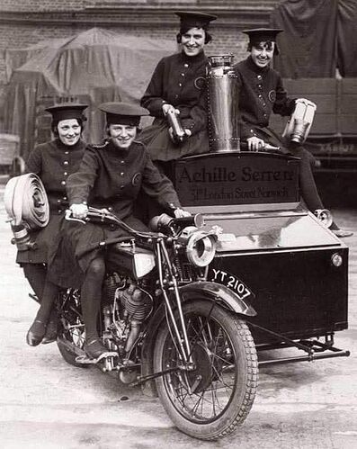 History A female firefighting team on a converted motorcycle in London, 1932