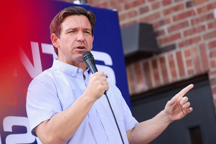 PHOTO: Republican U.S. presidential candidate and Florida Governor Ron DeSantis speaks during his 'Never Back Down' tour ahead of his appearance at the Iowa State Fair, Aug. 11, 2023, in Atlantic, Iowa. (Scott Morgan/Reuters)