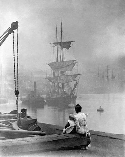History Mother and daughter watch a tall ship navigate the Thames in London, 1880
