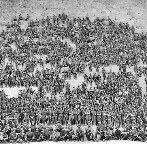 Soldiers of 11th Battalion posing on the Great Pyramid of Giza on 10 January 1915, prior to the landing at Gallipoli