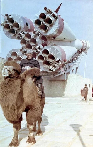 ahistory A man photographed next to Soyuz rockets in the steppes of Kazakhstan in 1980