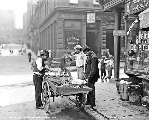 Clam seller in Mulberry Bend, New York, 1900