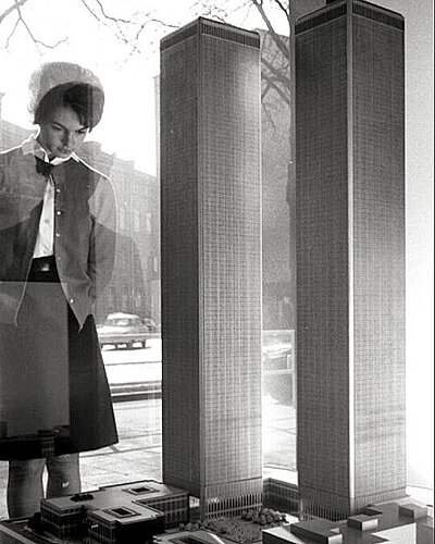 History A spectator looks over a model of the World Trade Center displayed in Frankfurt (Germany) in March 1965 as construction of the skyscrapers was scheduled to get underway