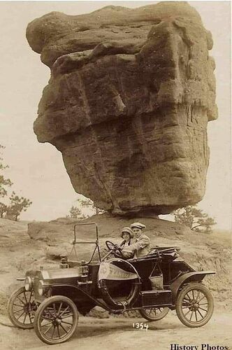 A couple touring Balanced Rock in the Garden of the Gods, Colorado Springs, Colorado, 1920