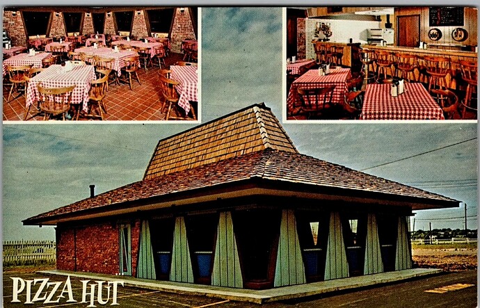 Pizza Hut's exterior in the 1970s. It lacks the red roof but you can still see the general legendary Hut shining through