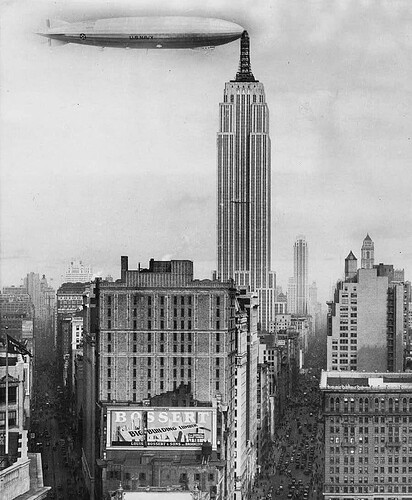 The Empire State Building in the 1920s, with an airship docked at the top of the building