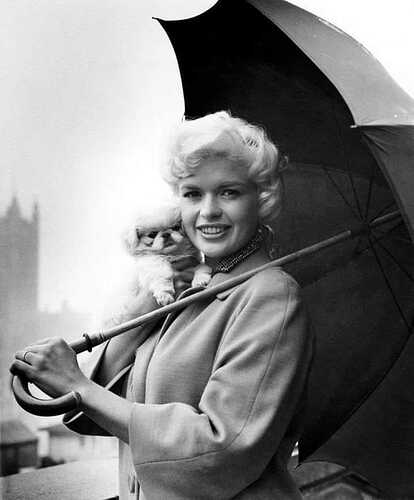 Jayne Mansfield & her Pekinese dog Powder Puff at Lambeth Bridge, London, during the filming of 'Too hot to handle'. August, 1959