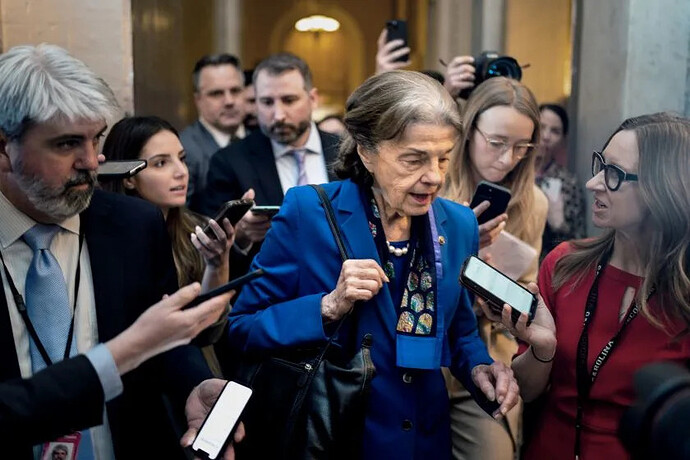 WASHINGTON, DC - FEBRUARY 14: Sen. Dianne Feinstein (D-CA) speaks to reporters before entering the Senate Chamber to vote at the U.S. Capitol on Tuesday, Feb. 14, 2023 in Washington, DC. Feinstein, California's longest-serving senator, announced she will not run for reelection next year, marking the end to one of the state's most storied political careers. She plans to remain in office through the end of her term. (Kent Nishimura / Los Angeles Times)
