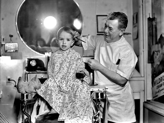 Mike gets a haircut, 1950s.