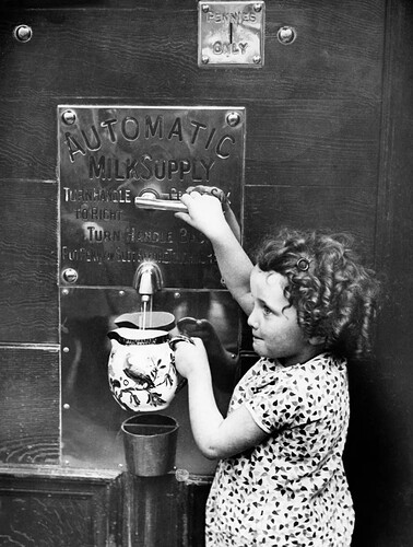 history Buying milk from a vending machine, 1940s