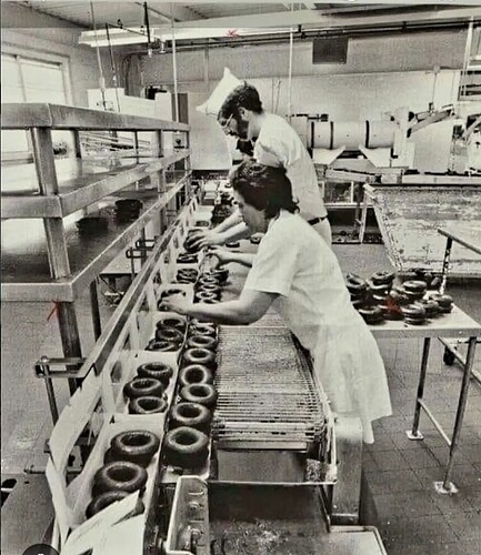 Entenmanns bakery in NY circa 1974. I have to say, these donuts look to be a lot bigger back then than they are today! They almost look like tires