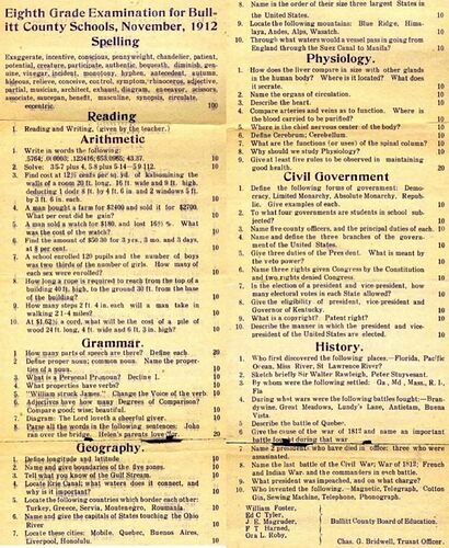 This was the 8th grade exam to move on to the next grade in 1912. How does this compare to what is taught at our schools today