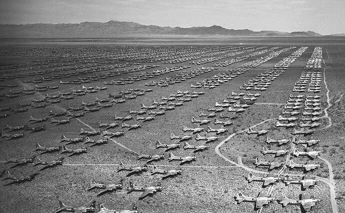 Rows upon rows of US B-17 Flying Fortresses, now no longer of use, sitting at Kingman Army Airfield in Arizona, US, 1945. Many were basically brand new, but would end up being scrapped in the post-war years.