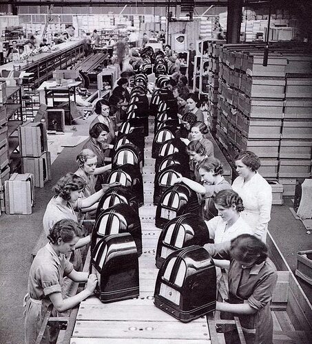 Women assembly workers at Perivale Philco radio factory, Middlesex, England. (1936)