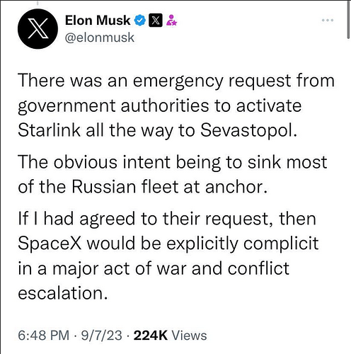 Screenshot 2023-09-08 at 14-26-17 Holy shit… Elon playing a major role in NOT escalating WW3... Refuses to acquiesce to government authorities looking to use SpaceX to assist in destroying Russia’s fleet in the Bla...
