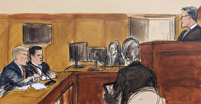 Judge Juan Merchan, far right, addresses former President Donald Trump, far left, regarding his rights and requirements, Tuesday, April 4, 2023, in a Manhattan courtroom in New York. Defense attorney Joseph Tacopina, center, looked on. (Elizabeth Williams / via AP)