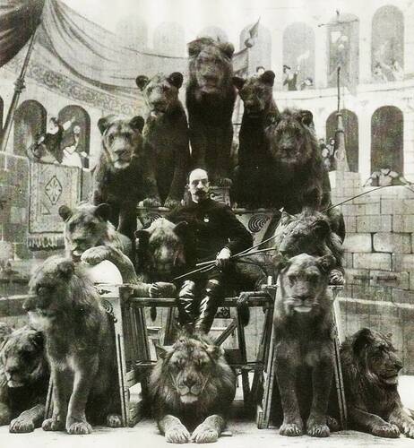 Lion tamer and animal trainer Jack Bonavita poses with his lions. An esteemed circus performer in turn-of-the-century New York, Bonavita was eventually killed by one of his animals in 1917