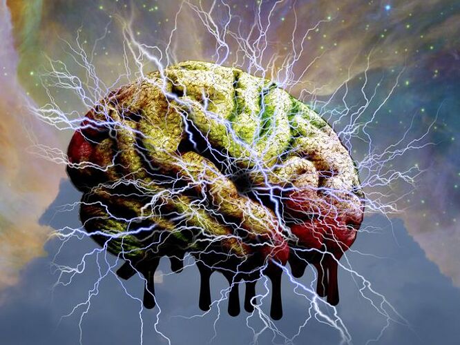 rainbow colored brain with lightning bolts all over it before a rainbow galaxy background with tiny stars