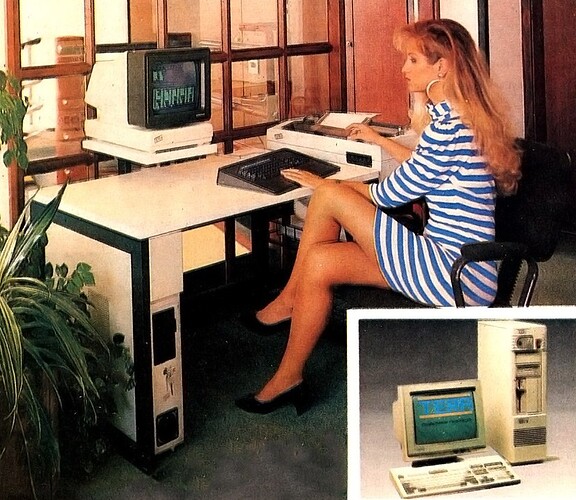 The notion that beauty and legs sell tech was exploited to grotesque ends during the era of the early computer systems. Here's an example, an computer ad from the 1980s