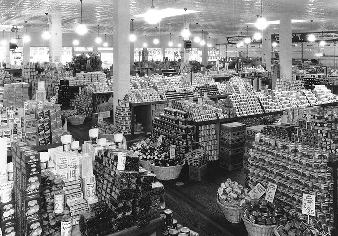This large grocery store was neat and well-stocked in the 1920s, with no plastic packaging in sight.