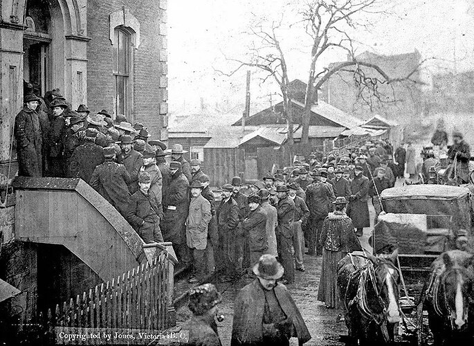 Men lining up at the Custom House in Victoria, British Columbia, on February 12, 1898, to purchase miner’s licenses during the Klondike Gold Rush. This historic scene captures the feverish excitement of the gold rush