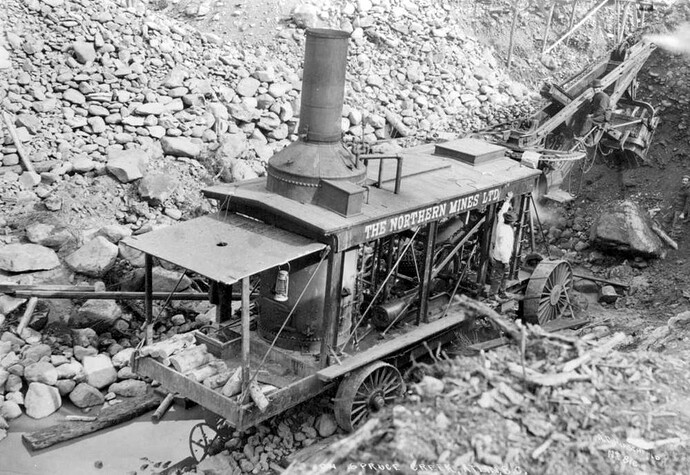 History A really neat shot of an old, wood fired steam shovel built by the Northern Mines Co Ltd working a gold claim on Spruce Creek near Atlin, BC circa early 1900s