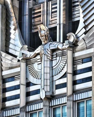 history The Spirit of Energy on the c1932 Art Deco Nimo building in Syracuse, NY