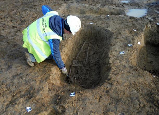 The grave of the skeleton, which is the first evidence of crucifixion in Roman Britain, as it was found during digging at a future housing development in Cambridgeshire, England. (Albion Archaeology)