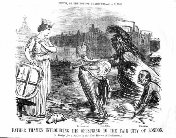 Father Thames introducing his “children,” diphtheria, scrofula and cholera, to the fair city of London. (John Leech / Public domain)