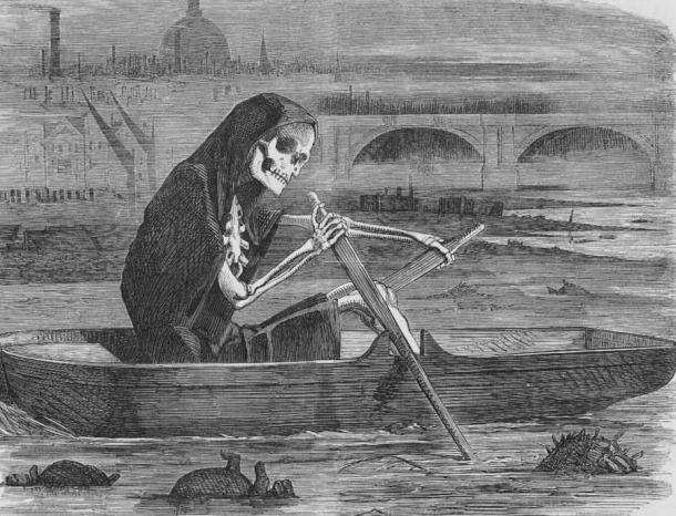 Death rows on the River Thames claiming the lives of victims who have not paid to have the river cleaned up during the Great Stink of 1858 in London, England. (Punch Magazine / Public domain)