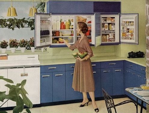 The GE wall refrigerator-freezer was introduced in 1955. There was no need to bend or stoop for foods because everything could be seen at a glance!