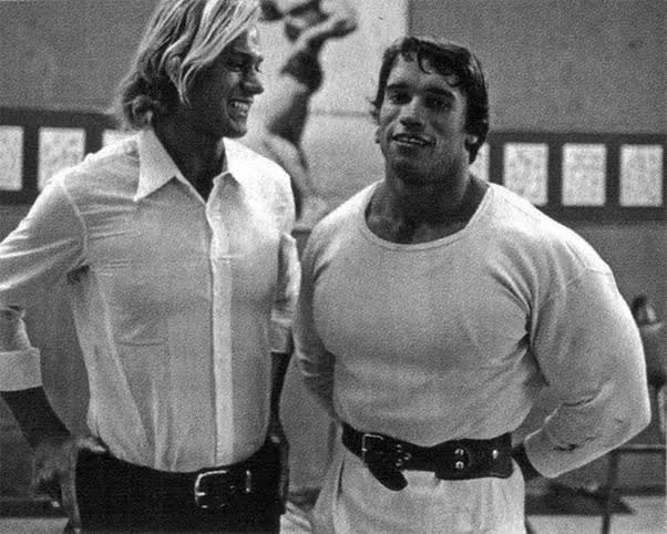 Arnold Schwarzenegger with his older brother Meinhard in 1967. Four years later, Meinhard died in a car crash in May 1971. He was driving drunk and died instantly. Arnold did not attend his funeral