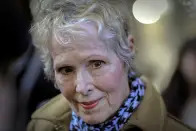 FILE - E. Jean Carroll talks to reporters outside a courthouse in New York, March 4, 2020. Federal Judge Lewis A. Kaplan issued an order Monday, April 10, 2023, directing parties to notify him if Trump plans to attend a New York trial later in the month resulting from Carroll's claims that he raped her in a department store dressing room in the 1990s. (AP Photo/Seth Wenig, File)