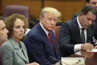 FILE - Former President Donald Trump appears in court for his arraignment, April 4, 2023, in New York. A federal judge wants to know if ex-President Trump plans to attend a New York trial in April 2023 resulting from a columnist’s claims that he raped her in a department store dressing room in the 1990s. (AP Photo/Seth Wenig, Pool, File)
